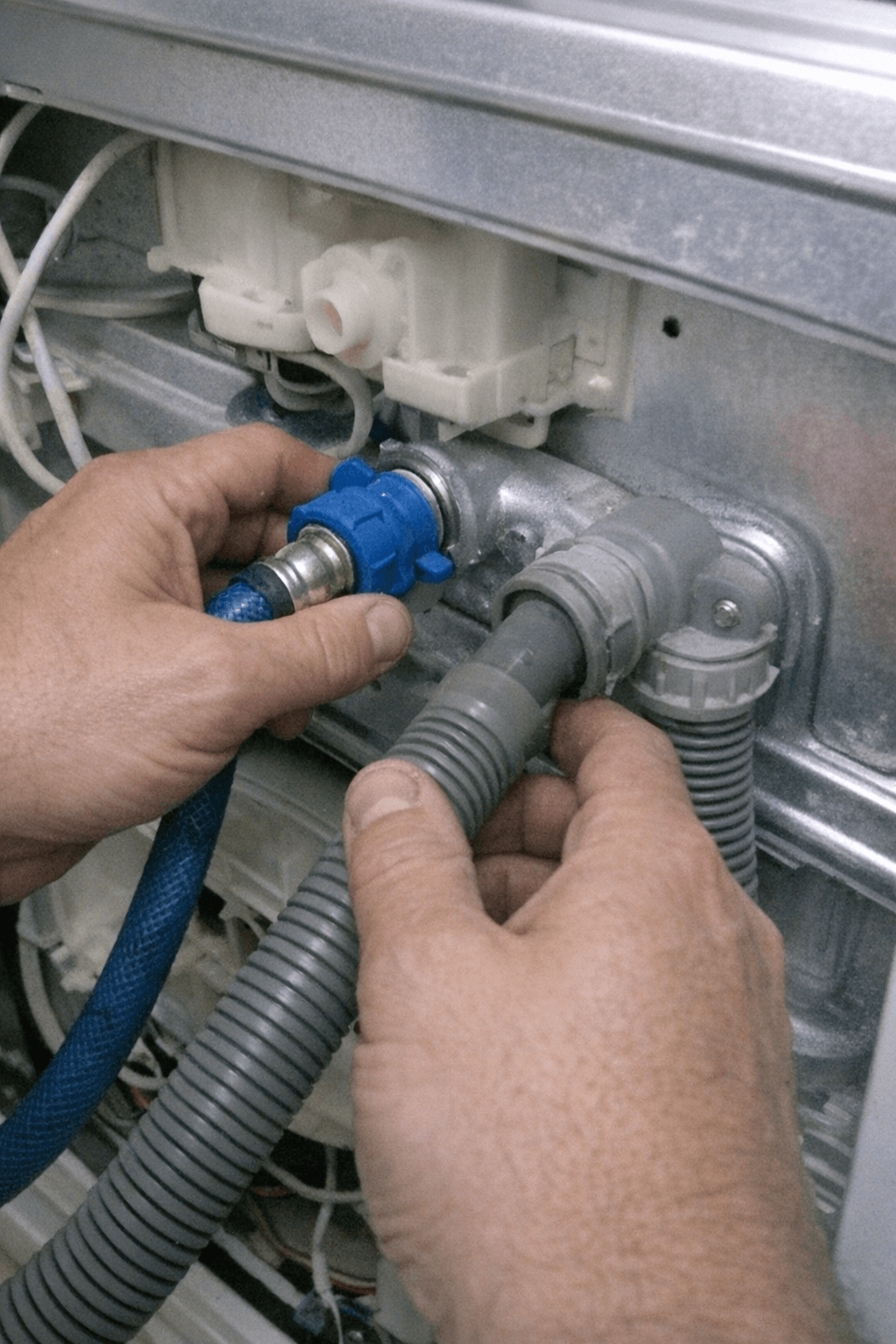 Techniker hält neuen Zulaufschlauch mit Dichtung in der Hand, Hintergrund der Ablauf in den Siphon geführt