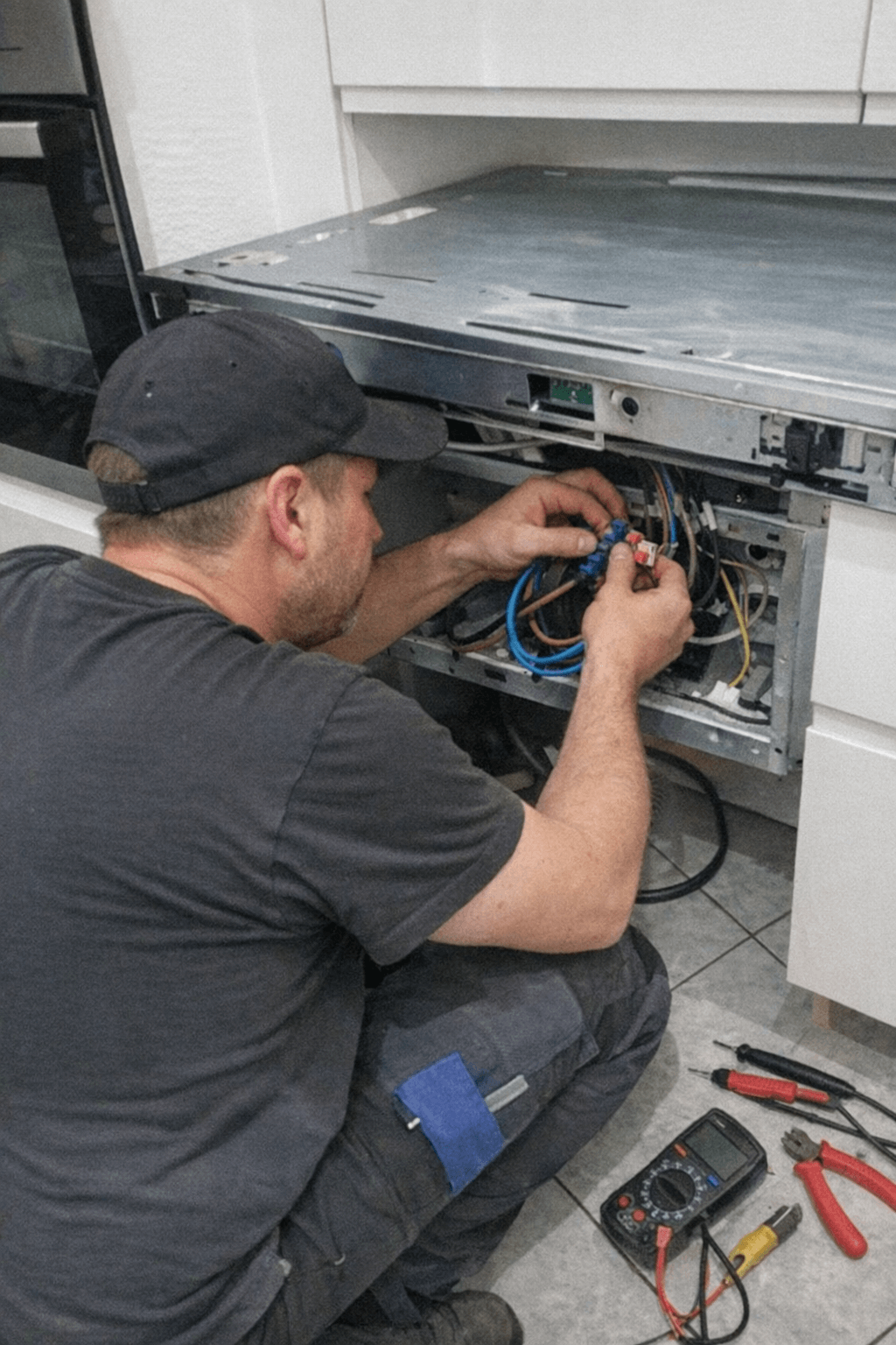 Elektriker prüft eine Anschlussdose hinter einem Ofen mit Messgerät