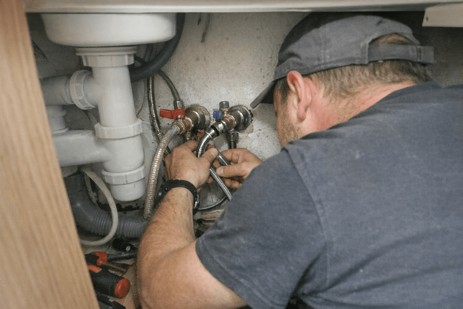Monteur hält einen alten, kalkigen Zulaufschlauch in der Hand, während hinter der Waschmaschine ein neuer Schlauch bereitliegt.