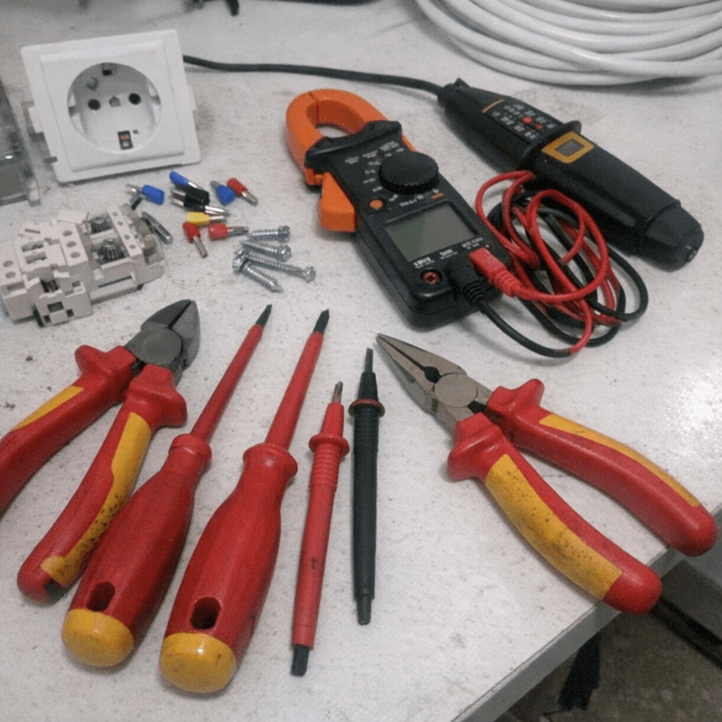 Nahaufnahme von Messwerkzeugen, Wasserwaage und Drehmomentschlüssel neben offenem Gerätefrontbereich