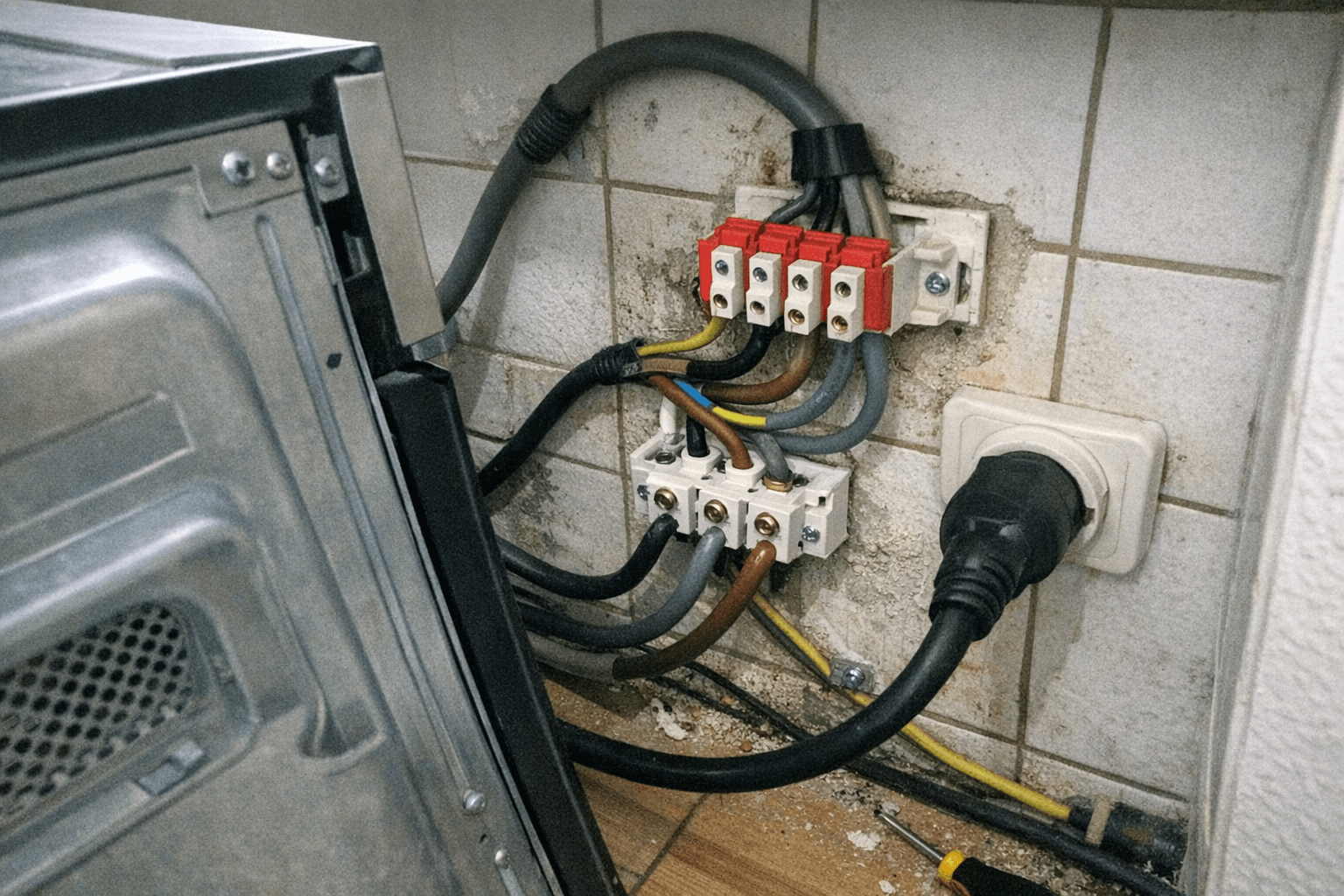 Monteur verbindet ein Kochfeld in einer Anschlussdose, Messgerät liegt bereit