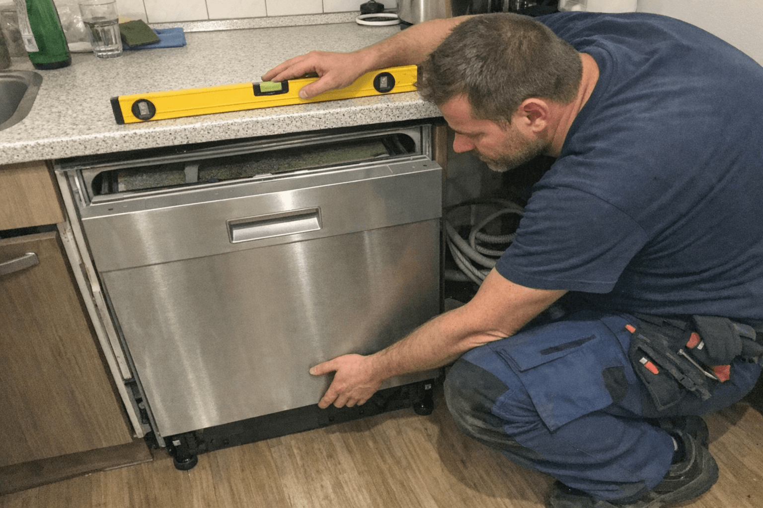 Einbau eines Geschirrspülers unter der Arbeitsplatte, der Monteur richtet das Gerät mit einer Wasserwaage an der geöffneten Tür aus.