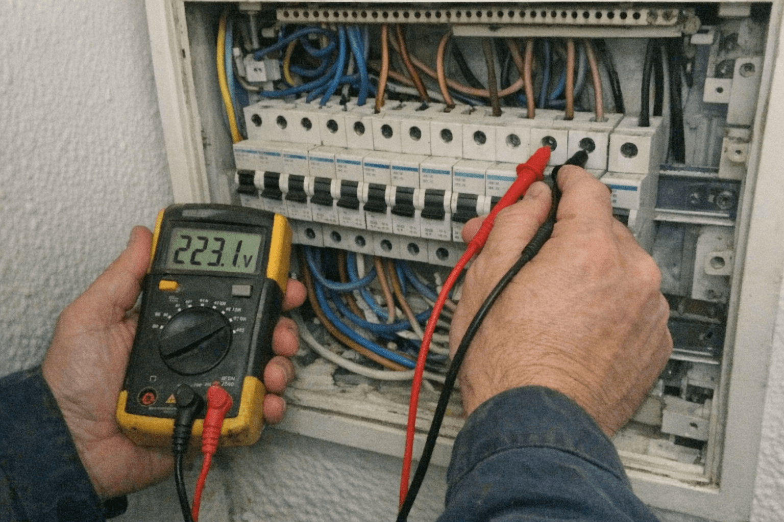 Geöffneter Sicherungskasten, ein Elektriker kontrolliert die Beschriftung der Sicherungen und misst mit einem Prüfgerät