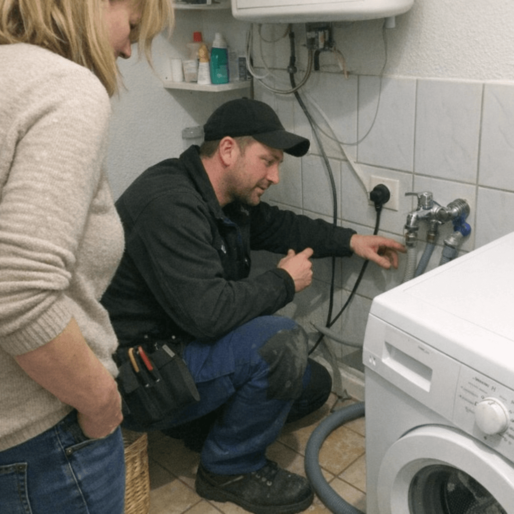 Techniker prüft den Zulaufschlauch am Eckventil, daneben eine Wasserwaage vor der Waschmaschine